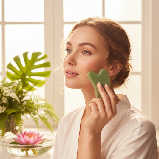 Femme utilisant un gua sha en jade sur le visage dans un cadre naturel lumineux