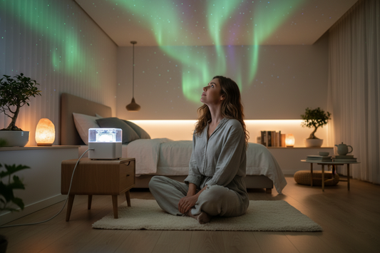 lampe aurore boréale LED cubique sur table de chevet jeune femme regardant aurores boréales projetées par sur plafond chambre zen