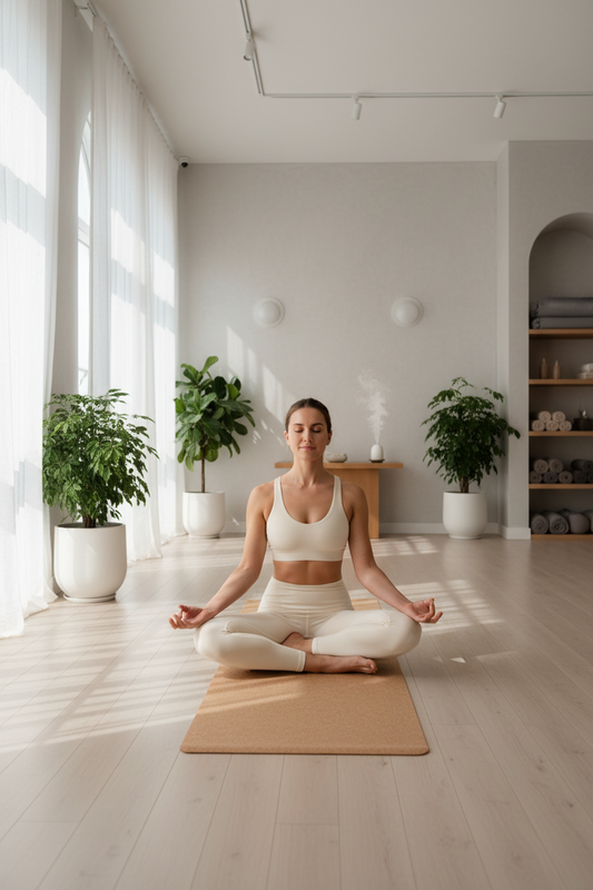 Femme en brassière de sport dans studio yoga zen - Guide choix selon morphologie