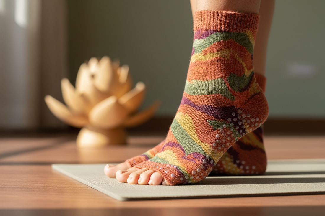 `Gros plan chaussettes yoga open-toe antidérapantes pieds sur tapis de yoga