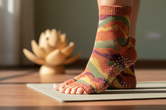 `Gros plan chaussettes yoga open-toe antidérapantes pieds sur tapis de yoga