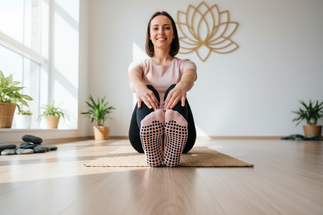 Femme souriante assise sur un tapis de yoga portant des chaussettes yoga roses antidérapantes avec picots noirs