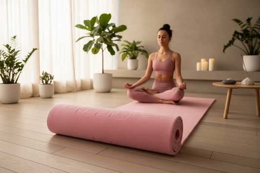 Femme en posture de méditation sur tapis de yoga rose dans un espace zen à la maison