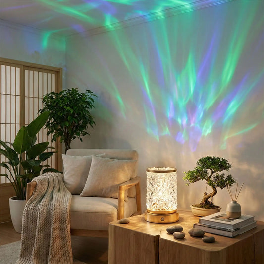 Lampe aurore boréale créant une lumière apaisante et zen dans un intérieur cosy