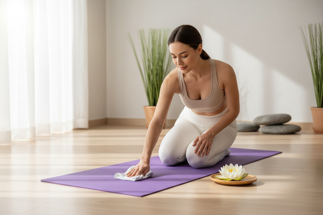 Comment nettoyer son tapis de yoga : femme essuyant un tapis violet avec un chiffon microfibre et fleur de lotus