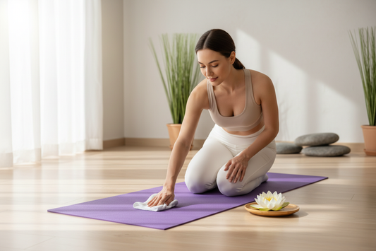 Comment nettoyer son tapis de yoga : femme essuyant un tapis violet avec un chiffon microfibre et fleur de lotus