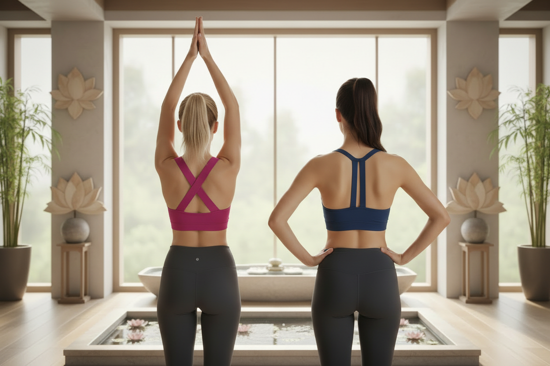 Soutien gorge bretelles croisées fuschia et bretelles classiques bleu de dos espace yoga zen