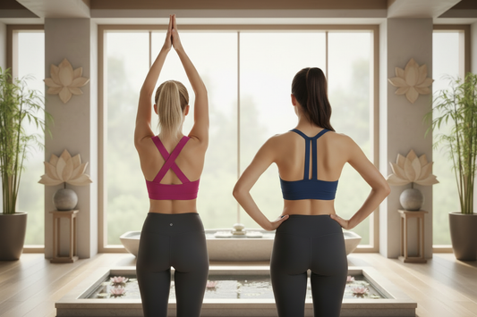 Soutien gorge bretelles croisées fuschia et bretelles classiques bleu de dos espace yoga zen
