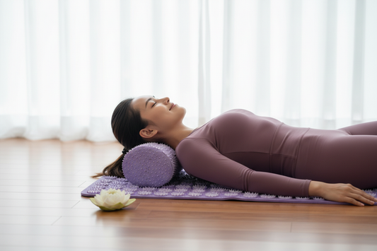 Tapis d'acupression : femme détendue en tenue de yoga allongée sur tapis avec coussin cervical et fleur de lotus