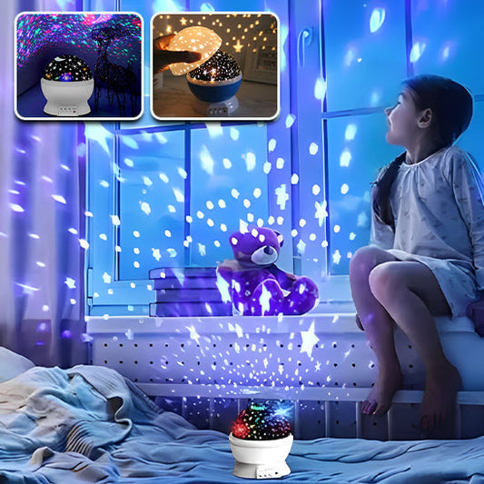 Lampe zen projecteur ciel étoilé petite fille émerveillée dans sa chambre