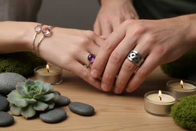 Bague femme homme portée pierres naturelles ambiance zen