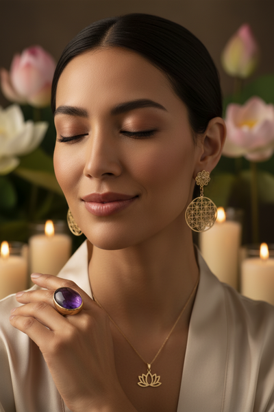 Femme portant des bijoux énergétiques et de géométrie sacrée dorés : collier fleur de lotus, bague améthyste et boucles d'oreille fleur de vie