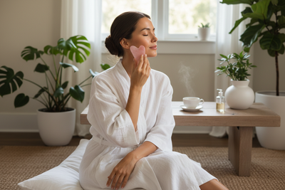 Femme utilisant un gua sha en quartz rose sur le visage, ambiance zen naturelle