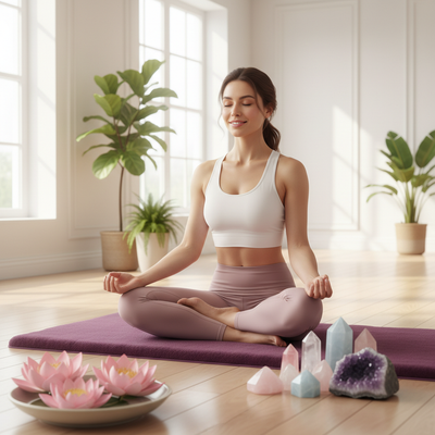 Tapis de yoga violet femme souriante en méditation - cristaux et fleur de lotus - Aurenergie FitYoga