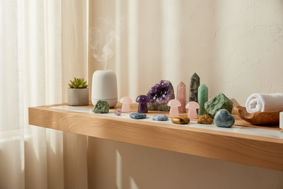 Pierres naturelles décoratives – champignons, cœurs et cristaux en améthyste, quartz rose et œil de tigre pour une déco zen