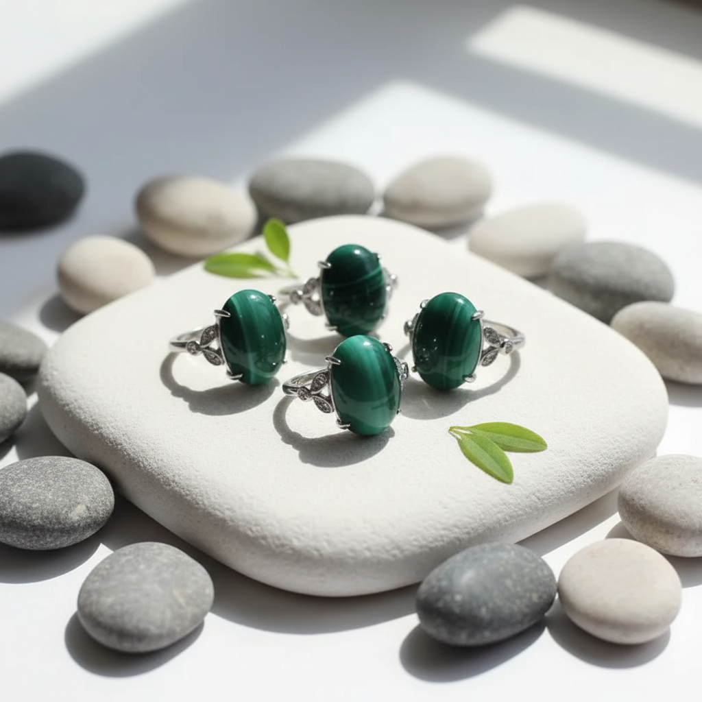 4 bagues malachite pierre naturelle verte espace zen