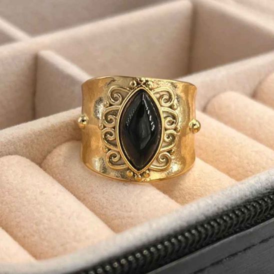 bague acier inoxydable doré obsidienne