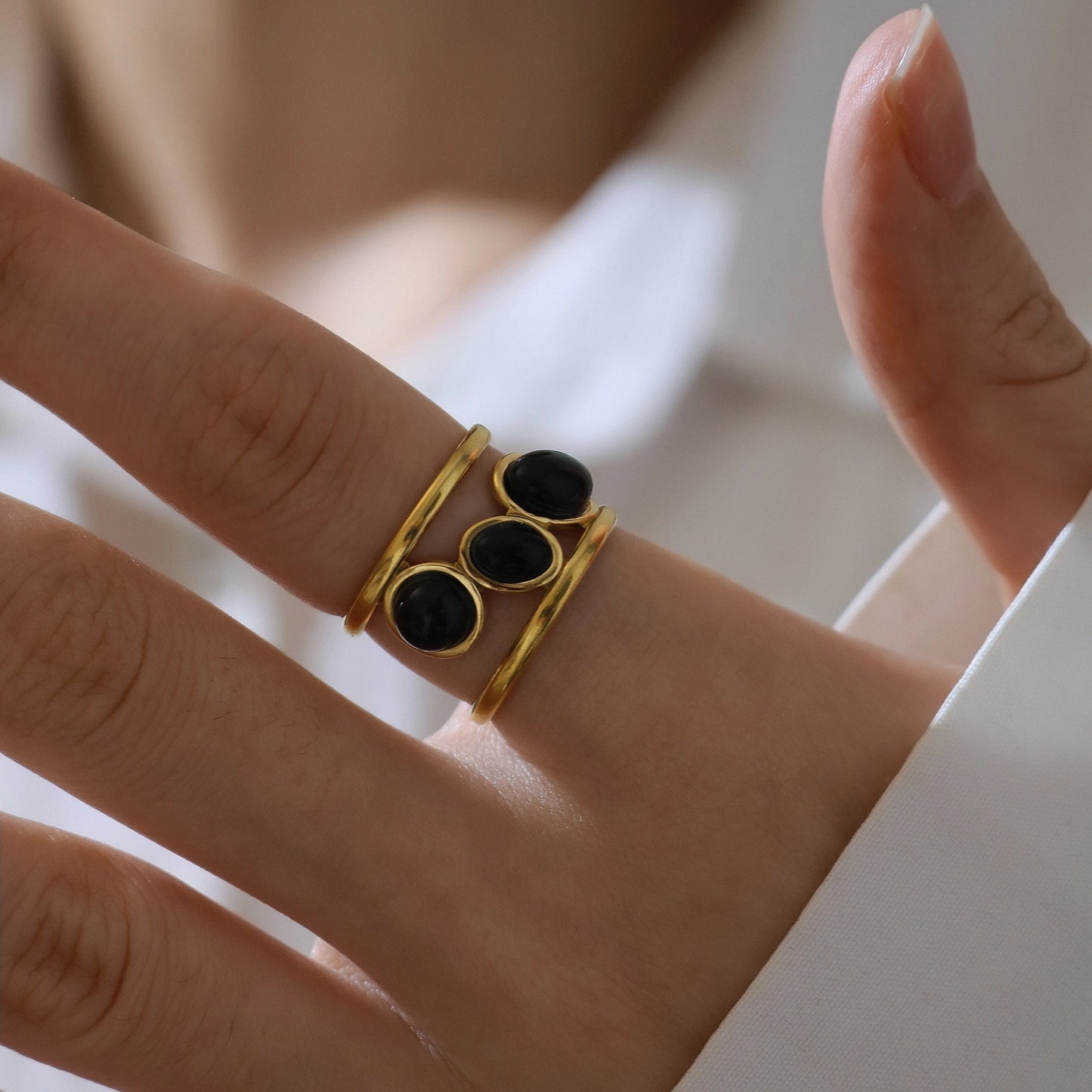3 pierres obsidienne sur bague acier inoxydable femme