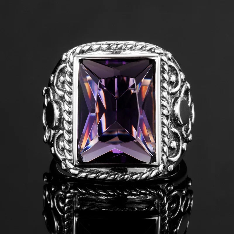 Bague améthyste homme argent 925 carrée violette 12x16mm - Chevalière vintage gravures ornementales
