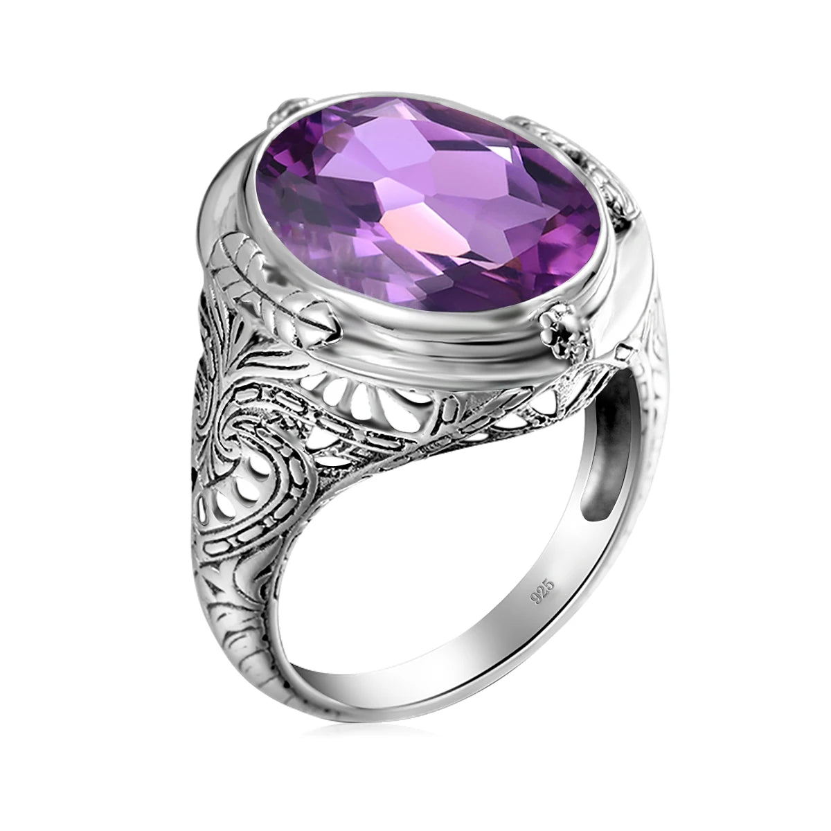 Bague amethyste homme style vintage avec motif floral gravé