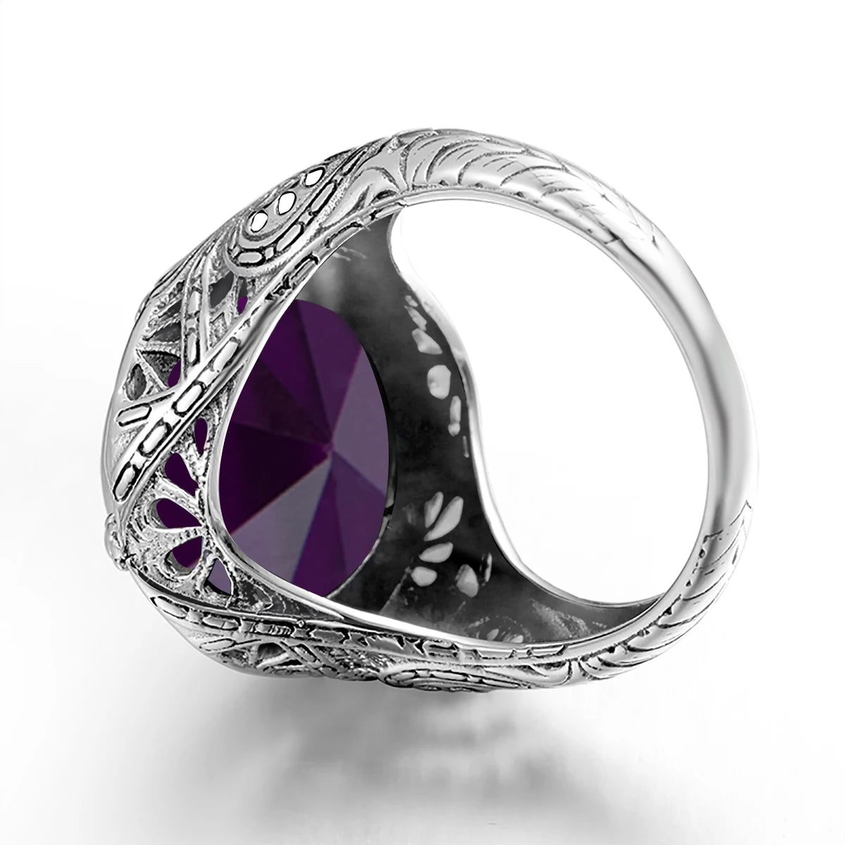 Bague amethyste homme pierre naturelle à facettes argent 925 gravures florales