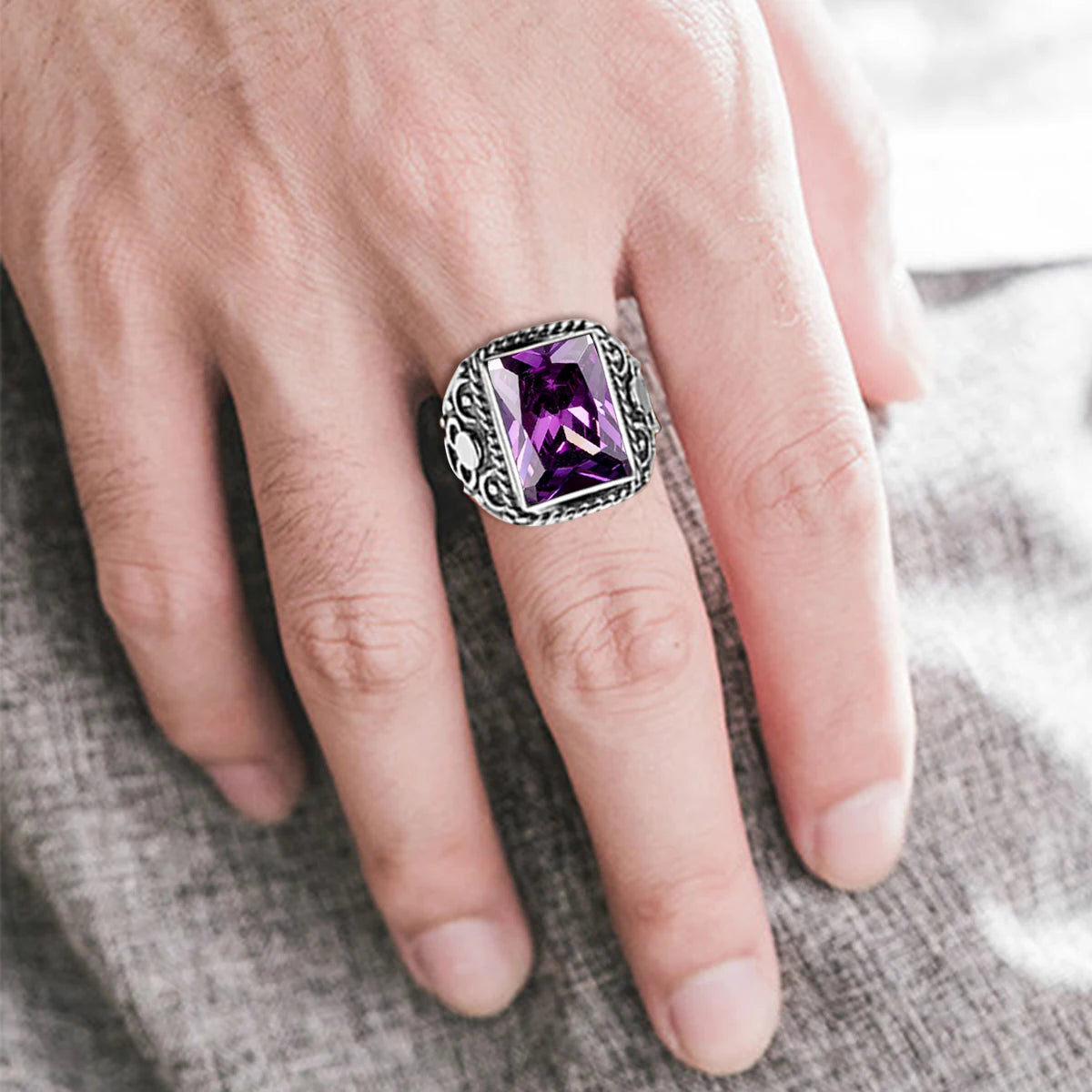 Bague améthyste homme vintage argent pierre naturelle violette