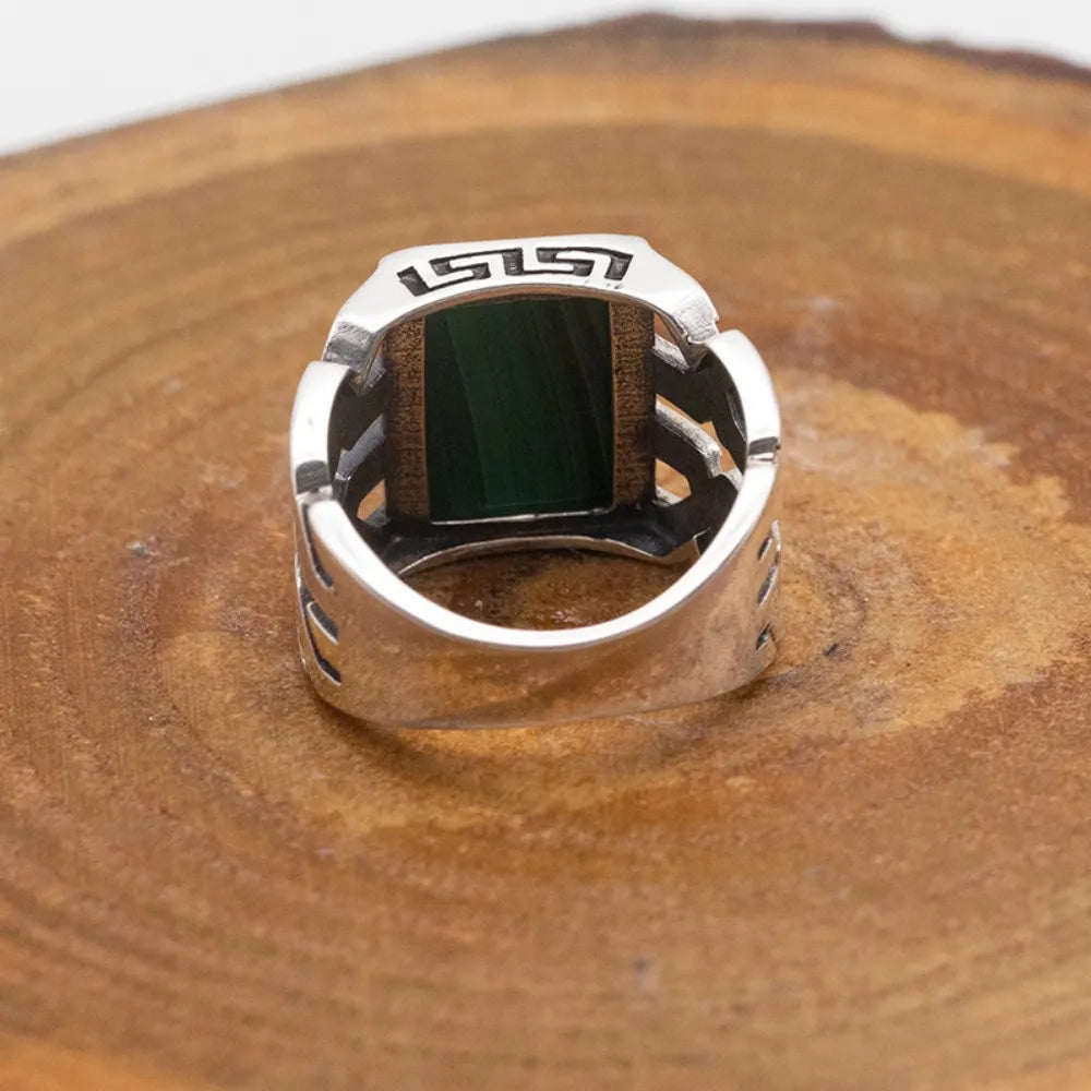 Bague homme malachite pierre naturelle verte de guérison rectangle argent sterling 925 