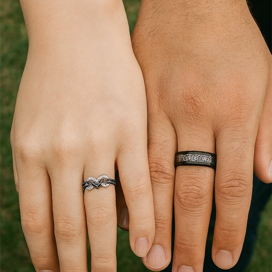 Bague couple alliage noir homme femme coeur infini