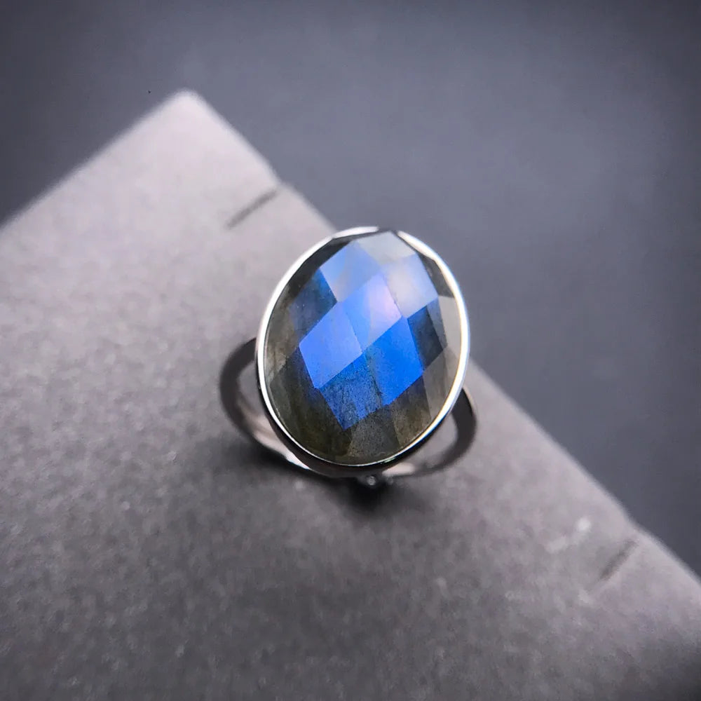 Bague energetique labradorite pierre naturelle ovale argent sterling 925