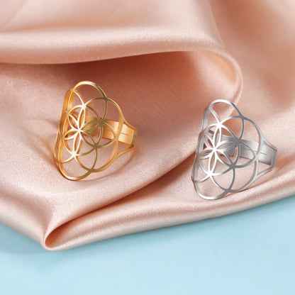 Bague femme fleur de vie dorée argentée acier inoxydable sur soie rose