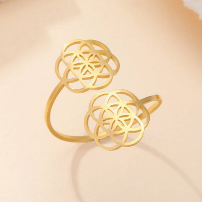 Bague acier inoxydable fleur de vie ajustable dorée