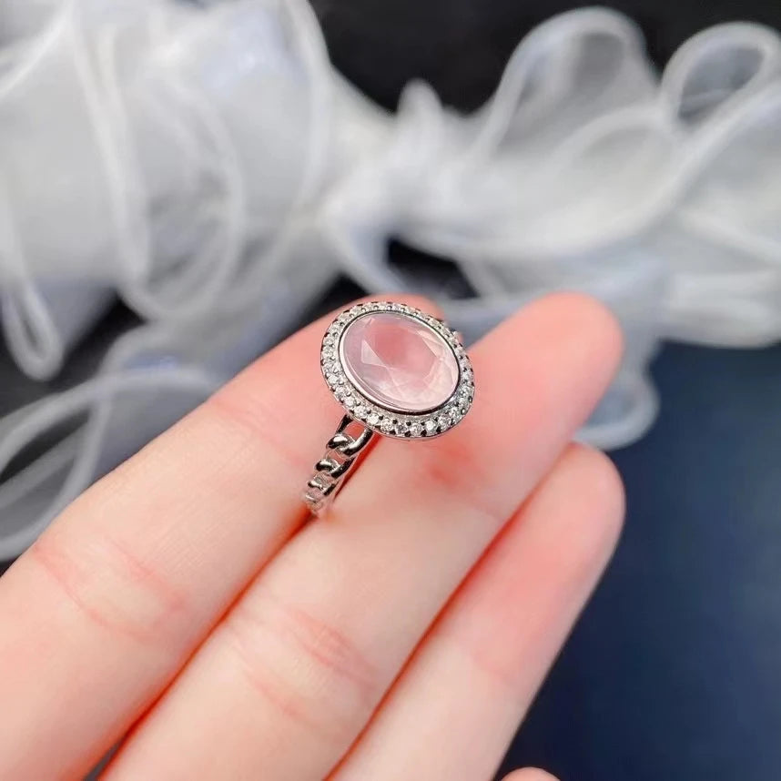 Bague femme argent quartz rose pierre naturelle ovale à facette entourée de zircons