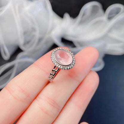 Bague femme argent quartz rose pierre naturelle ovale à facette entourée de zircons