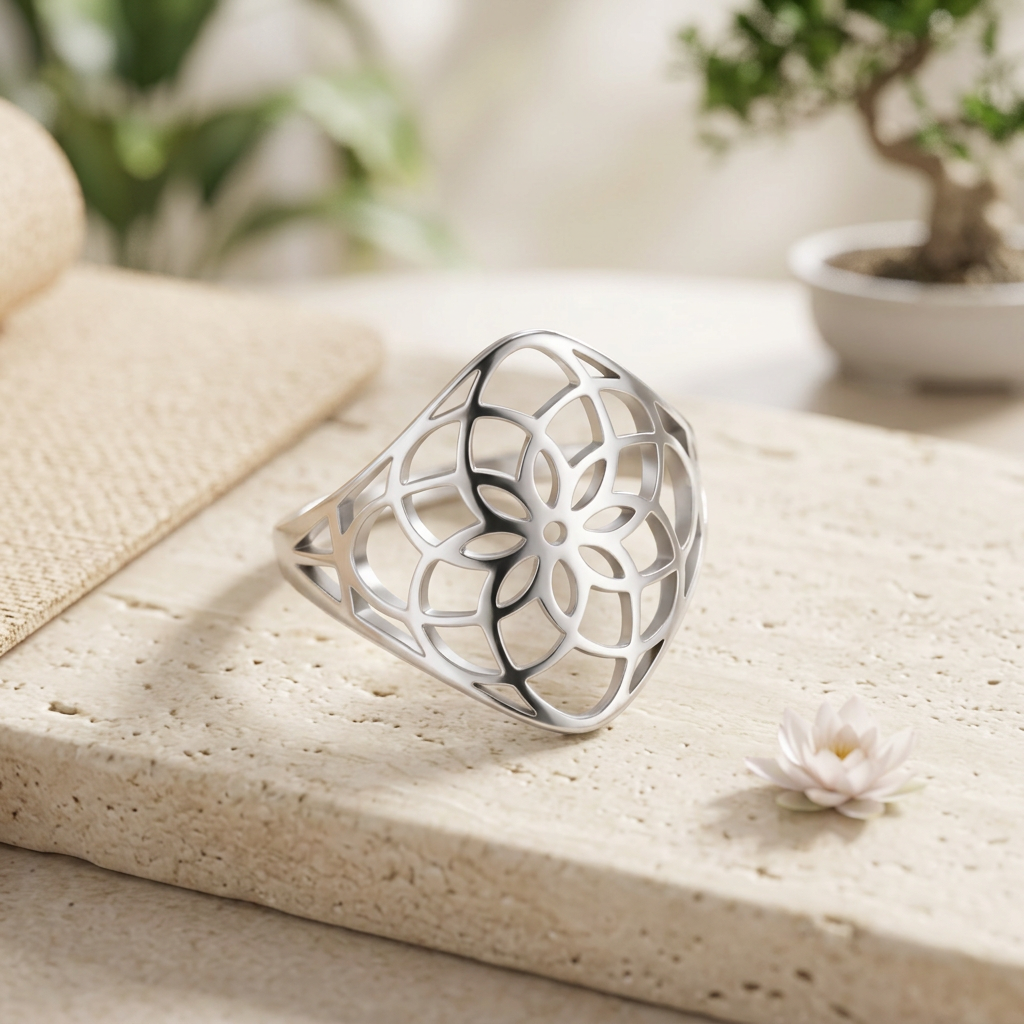 Bague fleur de vie argentée sur une pierre claire, avec un tapis de yoga et des plantes en arrière-plan