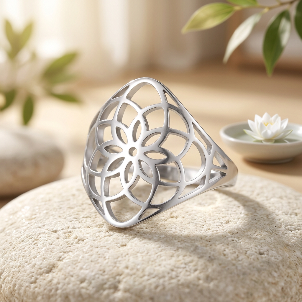Bague fleur de vie argentée en gros plan sur une pierre beige, avec un lotus blanc en arrière-plan