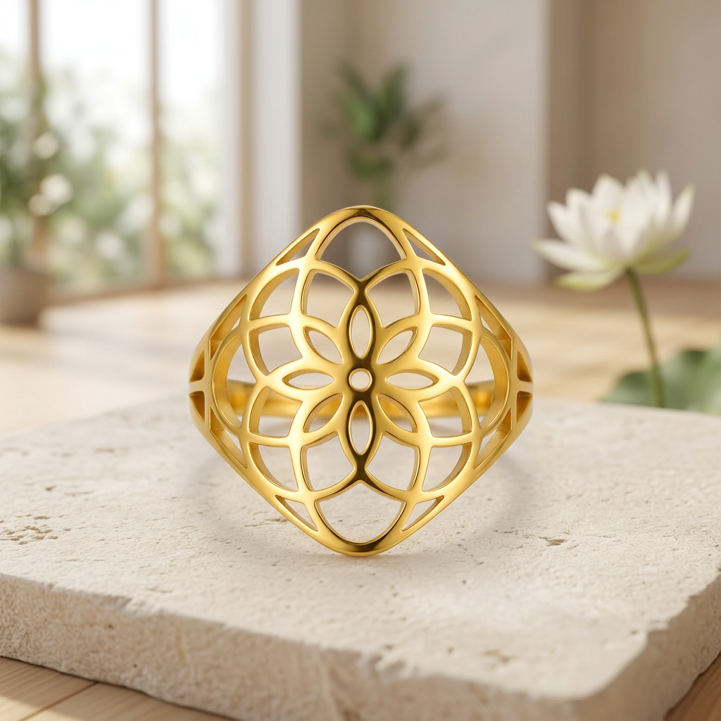Bague fleur de vie dorée vue de face sur une pierre beige, avec un lotus blanc en arrière-plan