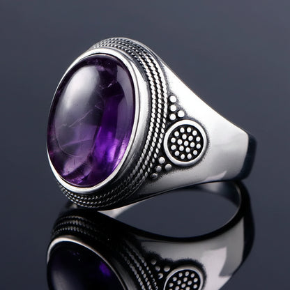 Bague homme améthyste en argent sterling 925 avec pierre ovale violette