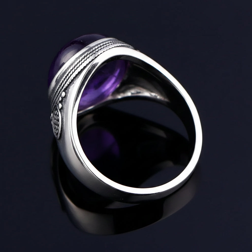 Bague énergétique homme améthyste ovale sertie argent 925 style vintage