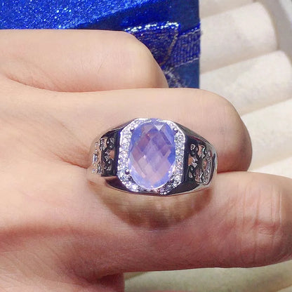 Bague homme argent améthyste lavande pierre naturelle ovale à facettes entourée de zircons anti stress