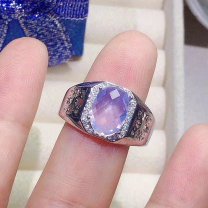 Bague homme argent améthyste lavande pierre naturelle ovale à facettes entourée de zircons anti stress