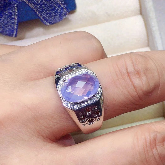 Bague homme argent améthyste lavande pierre naturelle ovale à facettes entourée de zircons anti stress