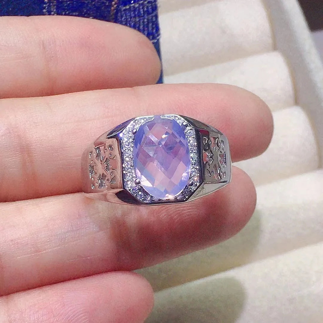 Bague homme argent améthyste lavande pierre naturelle ovale à facettes entourée de zircons anti stress