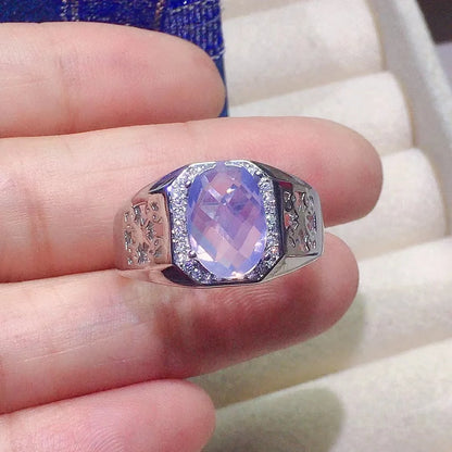 Bague homme argent améthyste lavande pierre naturelle ovale à facettes entourée de zircons anti stress