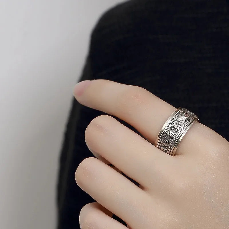 Bague homme argent sterling 925 rotative anti-stress motifs mantra zen porte-bonheur