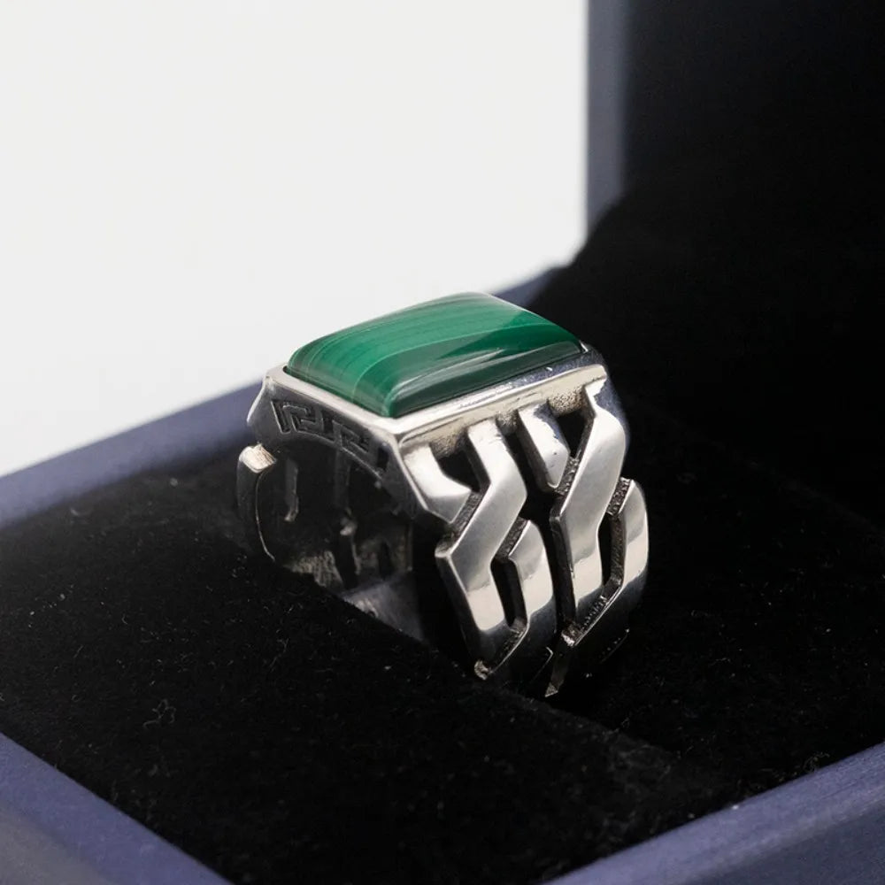 Bague homme malachite pierre naturelle verte de guérison rectangle argent sterling 925 
