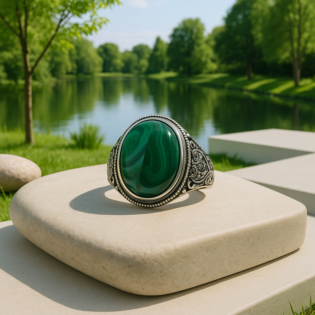 Bague homme argent malachite pierre naturelle