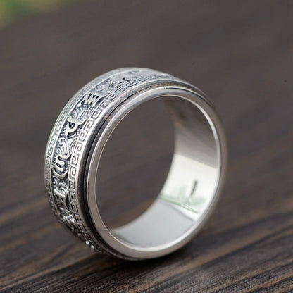 Bague homme argent sterling 925 rotative anti-stress motifs mantra zen porte-bonheur