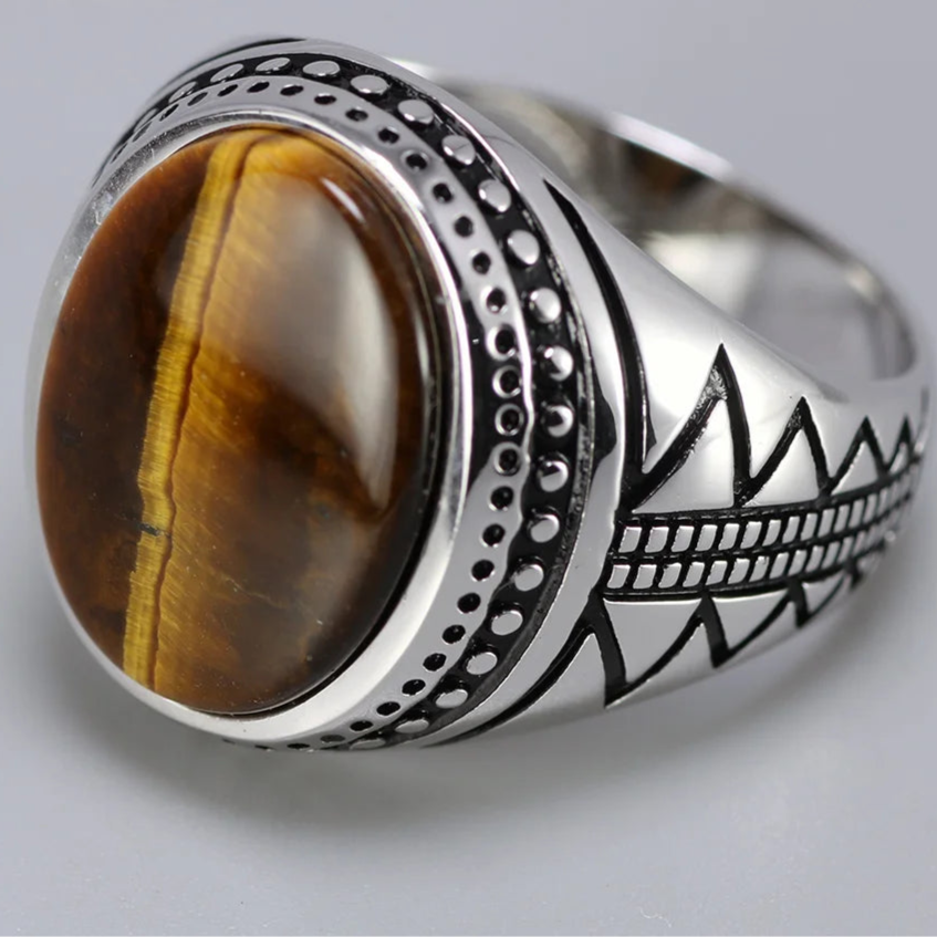 Bague homme argent sertie d'une pierre naturelle oeil de tigre ovale