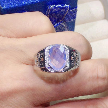Bague homme argent améthyste lavande pierre naturelle ovale à facettes entourée de zircons anti stress