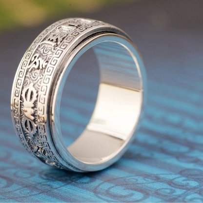 Bague homme argent sterling 925 rotative anti-stress motifs mantra zen porte-bonheur